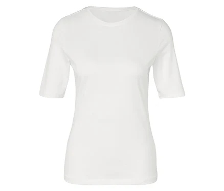 Weißes T-Shirt mit kurzen Ärmeln.