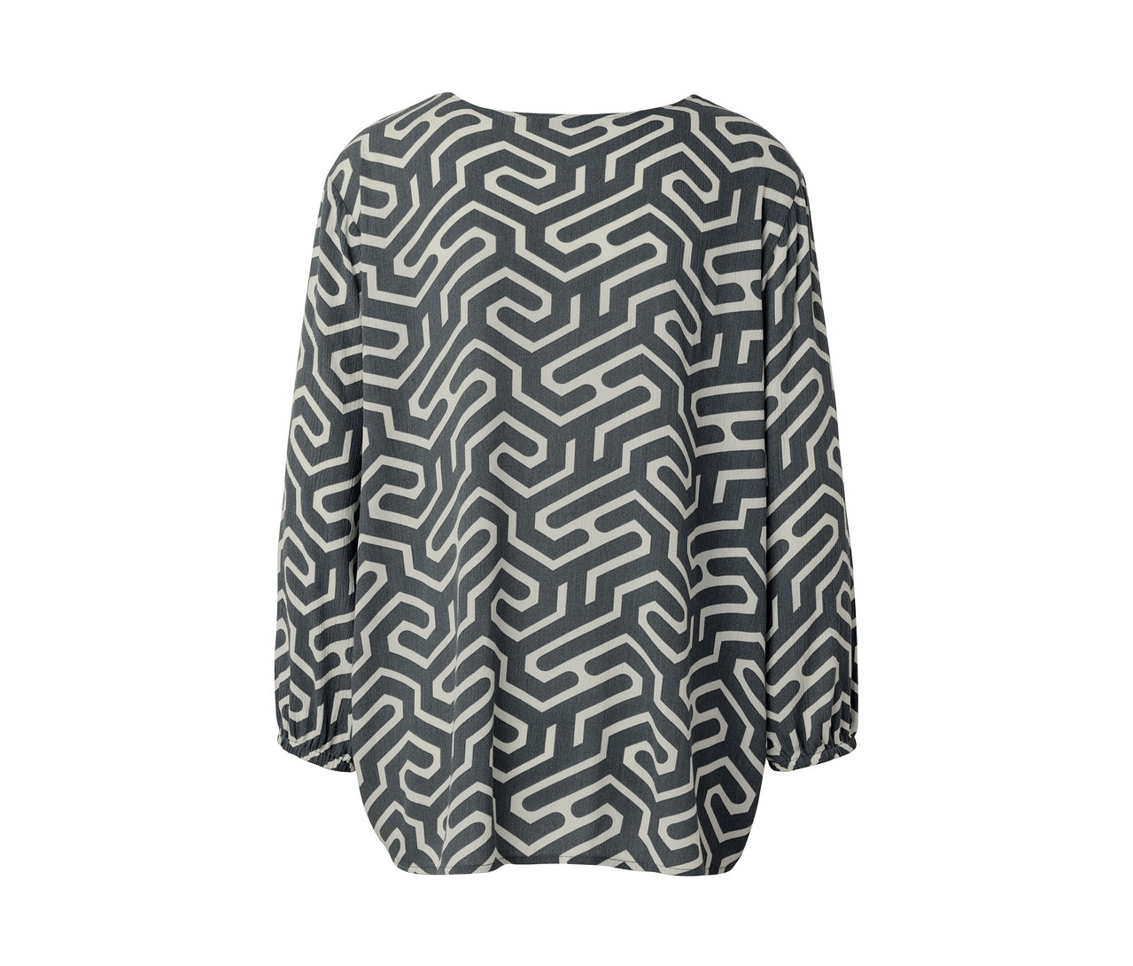 Graue Bluse in Crinkle-Optik mit geometrischem Muster.