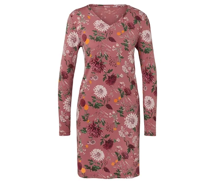 Rosa geblümtes Kleid mit langen Ärmeln und V-Ausschnitt.