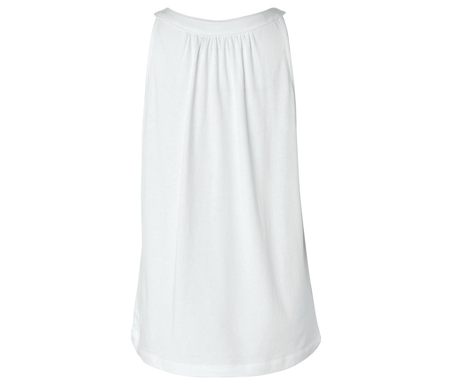 Weißes, ärmelloses, knielanges Kleid.