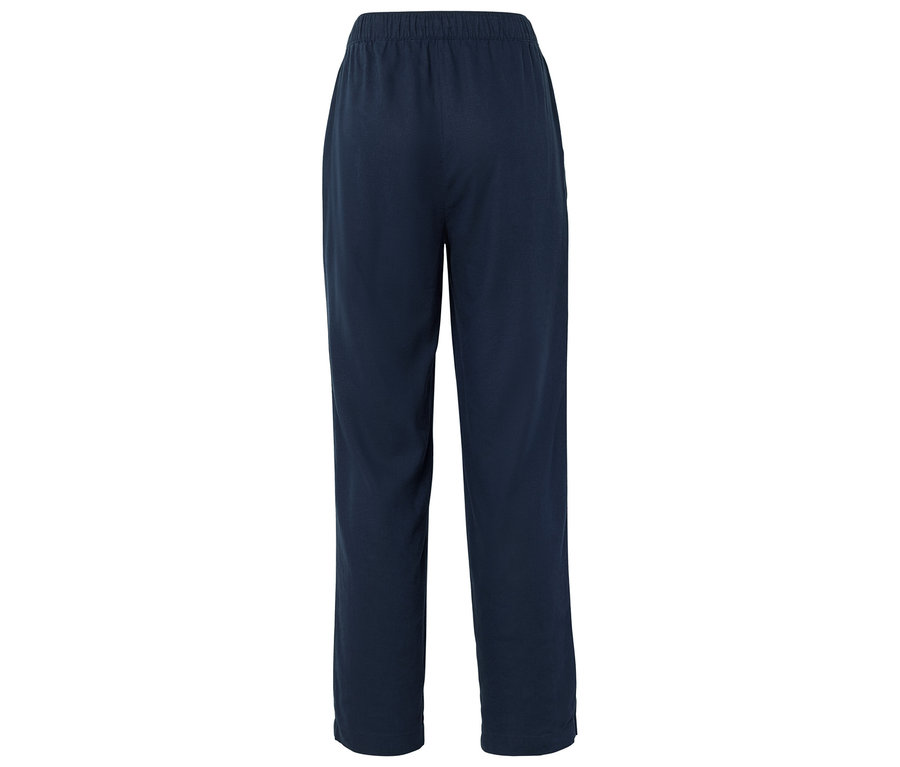 Dunkelblaue, lange Hose mit Gummizugbund, von hinten fotografiert.