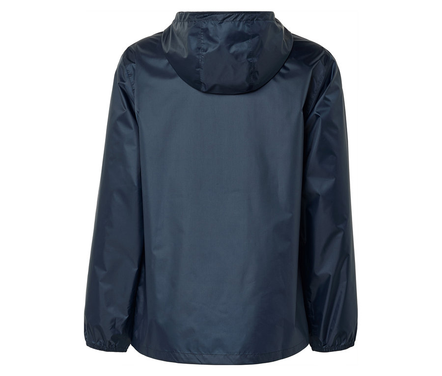 Rückansicht einer marineblauen Regenjacke mit Kapuze.