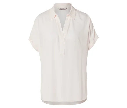 Hellrosa, kurzärmelige Bluse mit Kragen und V-Ausschnitt.