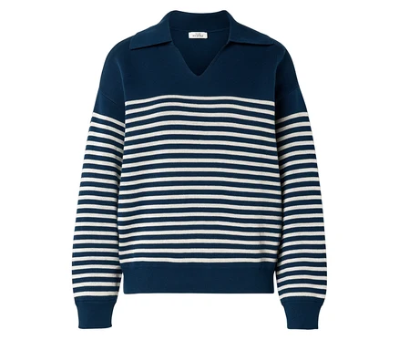 Blau-weiß gestreifter Pullover mit Kragen und V-Ausschnitt.