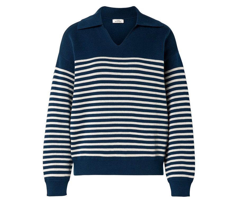 Blau-weiß gestreifter Pullover mit Kragen und V-Ausschnitt.