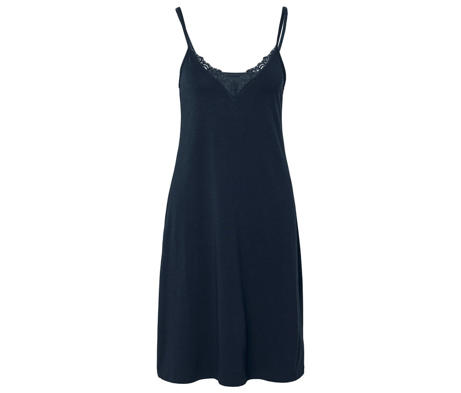 Dunkelblaues, ärmelloses Nachthemd mit Spitzenbesatz am Ausschnitt.