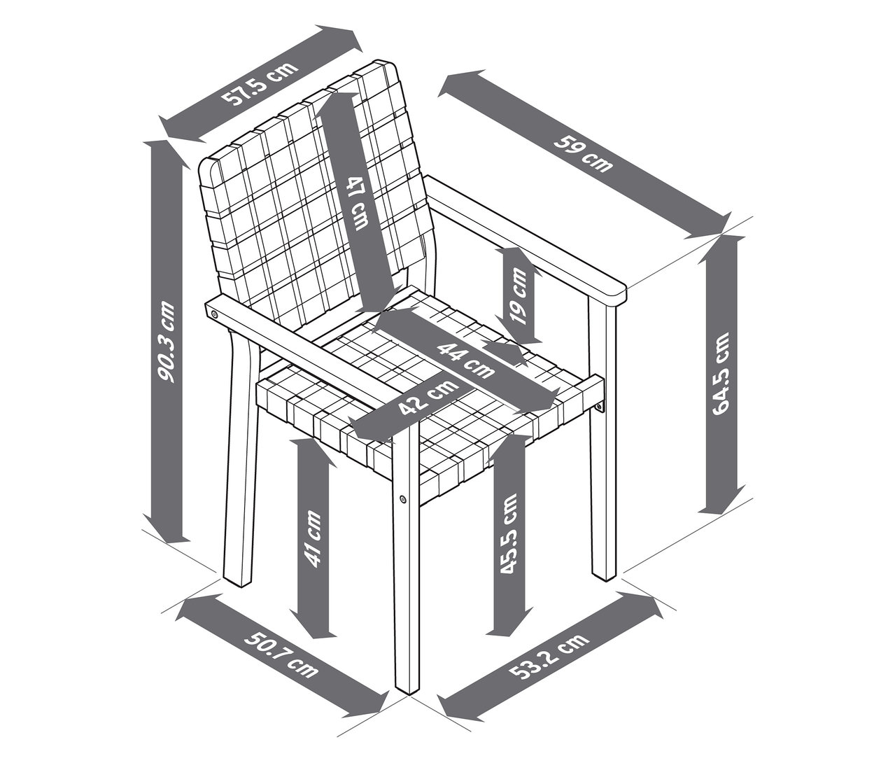 Abbildung eines stapelbaren Gartenstuhls mit Gurtgeflecht und Maßangaben.