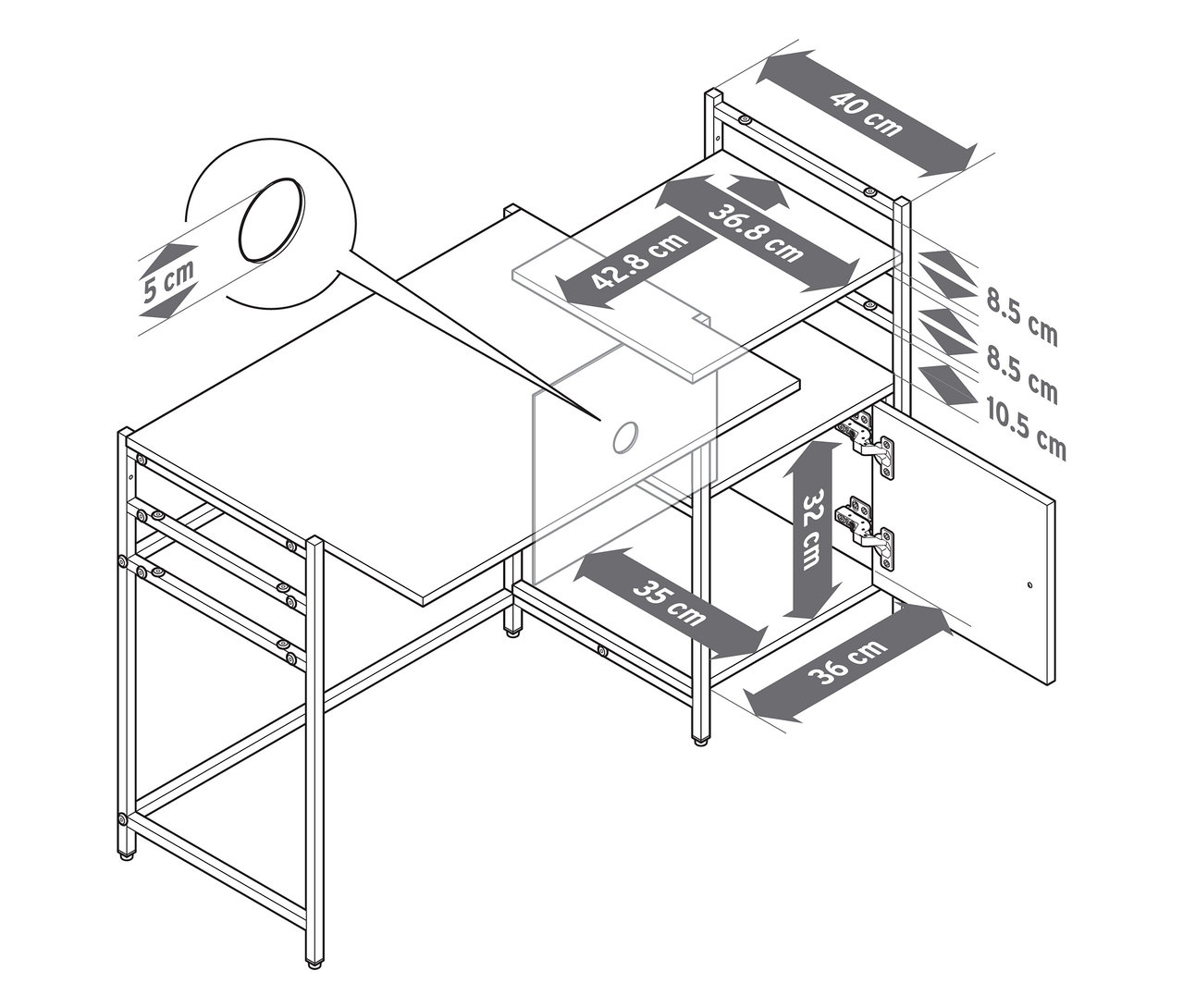 Draufsicht auf einen höhenverstellbaren Kinderschreibtisch »GRADE« mit Schublade und Schranktür, Maße sind eingezeichnet.