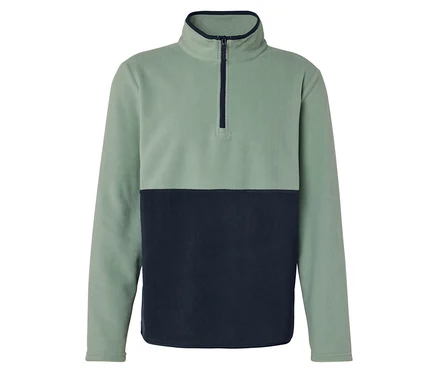 Ein zweifarbiger Fleece-Pullover in Grün und Marineblau mit kurzem Reißverschluss.