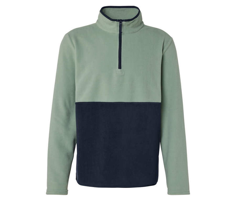Ein zweifarbiger Fleece-Pullover in Grün und Marineblau mit kurzem Reißverschluss.