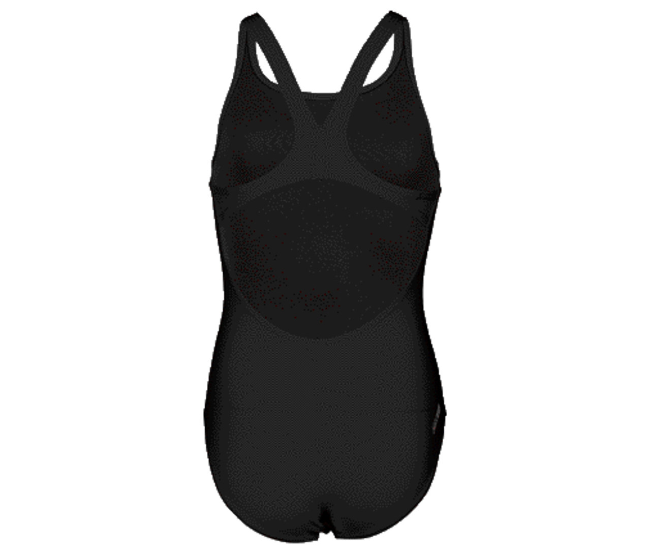 Rückansicht eines schwarzen Badeanzugs mit schmalen Trägern.