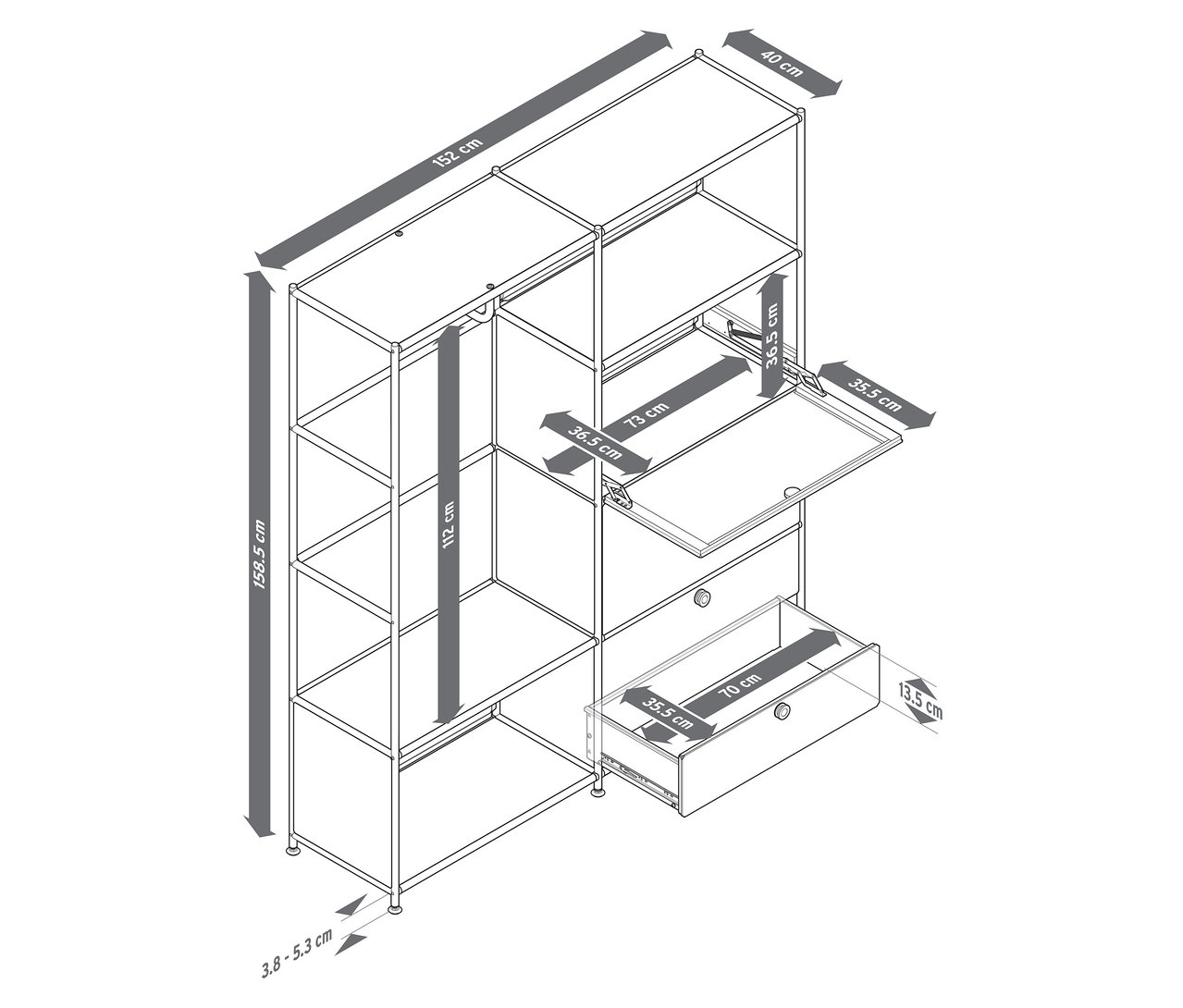Draufsicht eines Metallregals »CN3« mit zwei Klappfächern und zwei Schubladen mit Maßangaben.