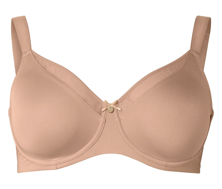 Nahaufnahme eines hautfarbenen BHs mit Bügel und kleinem Schleifendetail in der Mitte.