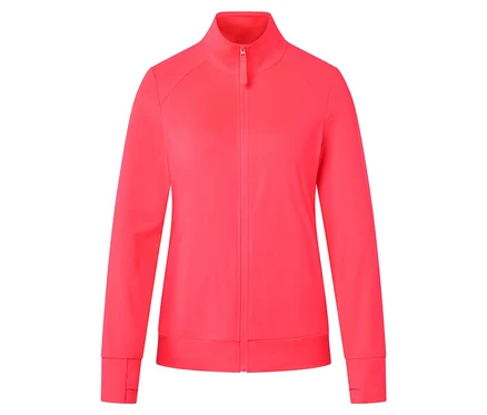 Eine leuchtend pinkfarbene Trainingsjacke mit durchgehendem Reißverschluss wird vor einem weißen Hintergrund gezeigt.