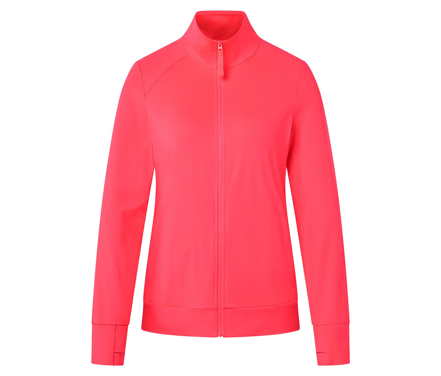Eine leuchtend pinkfarbene Trainingsjacke mit durchgehendem Reißverschluss wird vor einem weißen Hintergrund gezeigt.