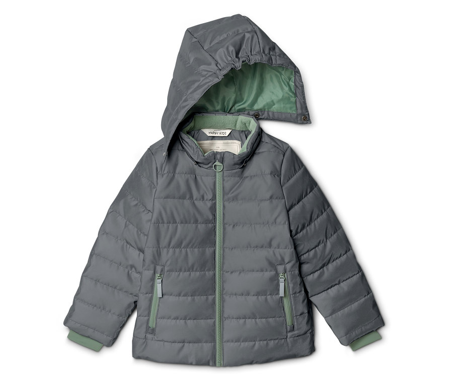 Graue, gesteppte Jacke mit Kapuze und grünen Akzenten an Reißverschlüssen, Bündchen und Kapuzeninnenseite.