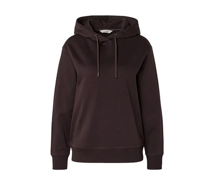Dunkelbrauner Hoodie mit Kapuze, passenden Kordelzügen mit Metallenden, gerippten Bündchen und Saum. Ein kleines weißes 'ACTIVE'-Etikett ist im Nacken sichtbar.