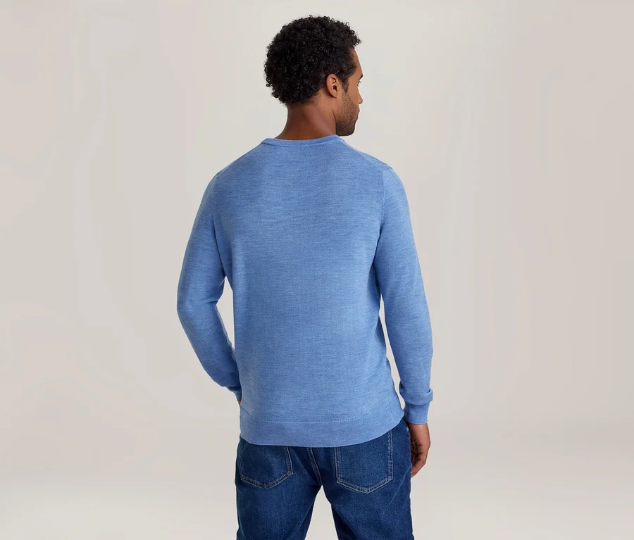 Mann von hinten gesehen, trägt einen hellblauen Langarmpullover und blaue Jeans.