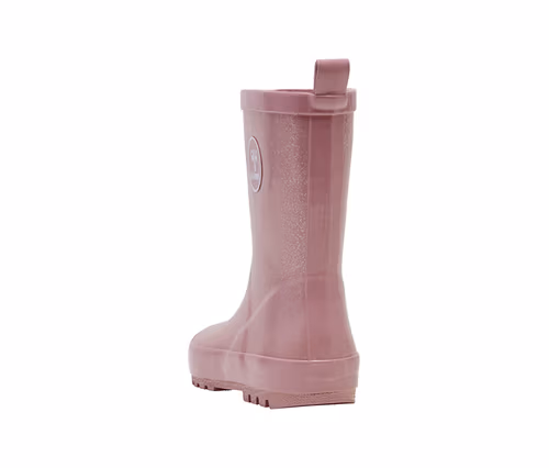 Ein einzelner rosa hummel® Gummistiefel »Rubber Boot Glitter« mit Glitzer-Finish, Zugschlaufe und Profilsohle, von der Seite gesehen.