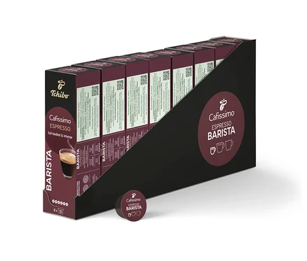 Eine Reihe von Cafissimo BARISTA Espresso Packungen mit je 80 Kapseln.