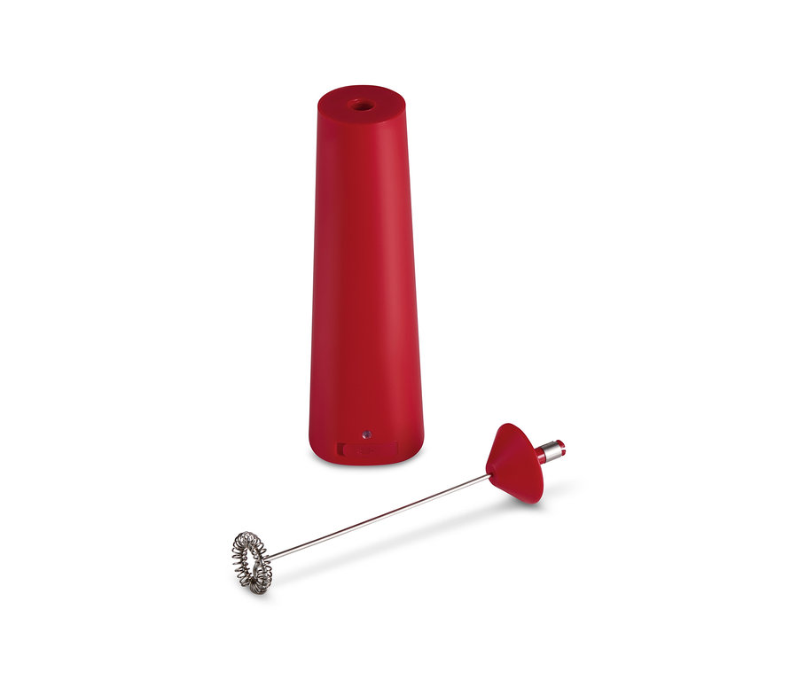 Ein roter, wiederaufladbarer Akku-Milchaufschäumer mit abnehmbarem Quirl.