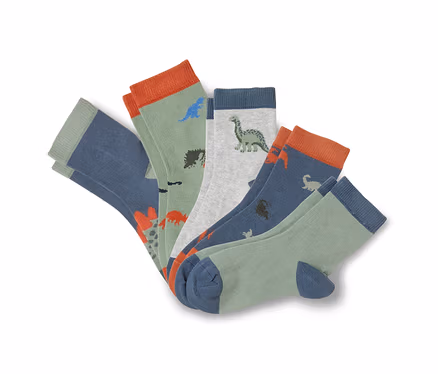 Fünf Sockenpaare liegen übereinander, mit Dinosaurier-Motiven in Grün, Grau und Blau.