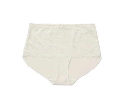 Beige Damenslips mit floraler Spitze und Schleife an der Taille.
