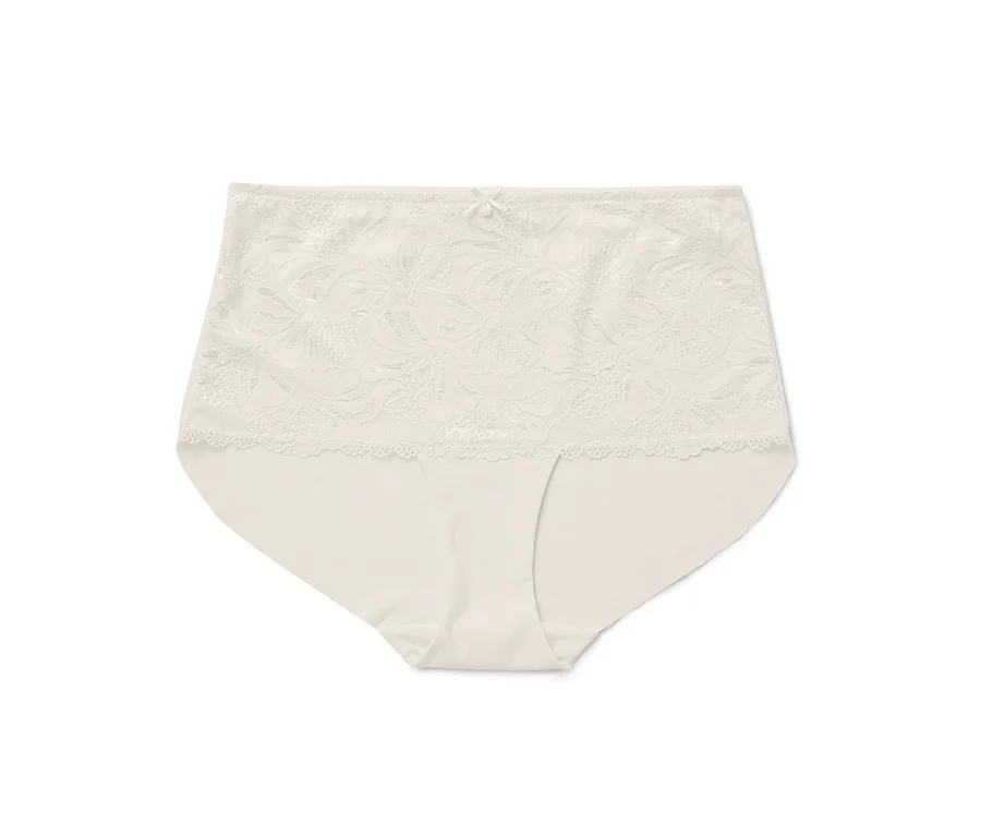 Beige Damenslips mit floraler Spitze und Schleife an der Taille.