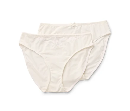 Zwei cremefarbene Damen Slips mit Spitze und Schleife.