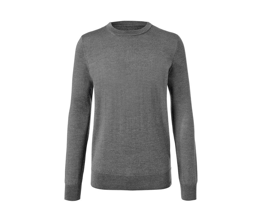 Ein grauer Merino-Pullover mit Rundhalsausschnitt.