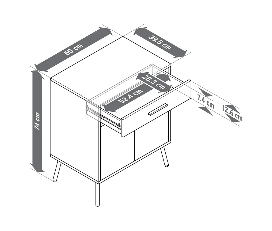 Strichzeichnung einer Kommode in Holzoptik mit einer teilweise geöffneten Schublade und zwei Schranktüren. Sie ist 74 cm hoch, 60 cm breit und 39,8 cm tief. Die Schublade hat eine Innenbreite von 52,4 cm und eine Innentiefe von 28,3 cm, mit einer 7,4 cm hohen Front.