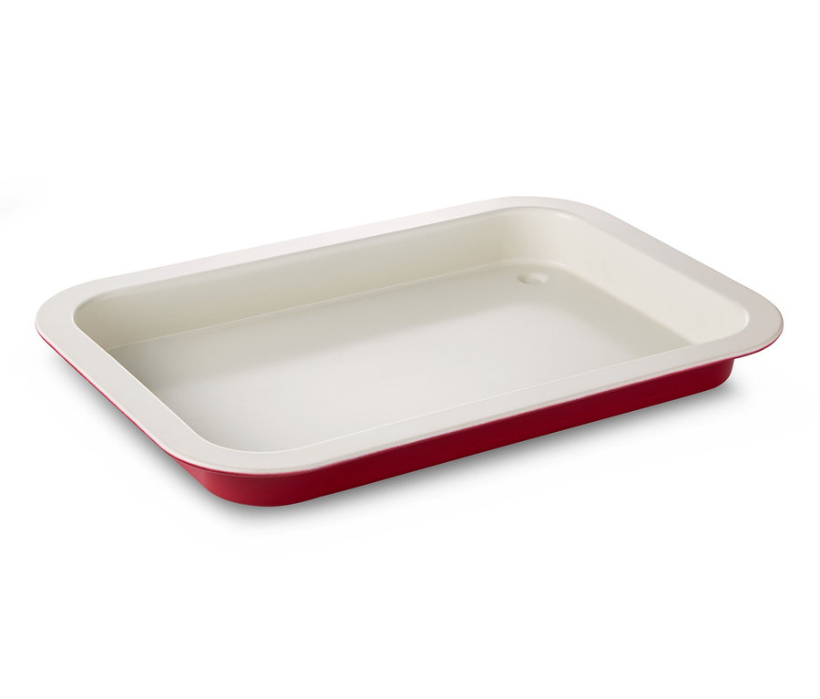 Rotes und weißes Backblech mit Transporthaube.
