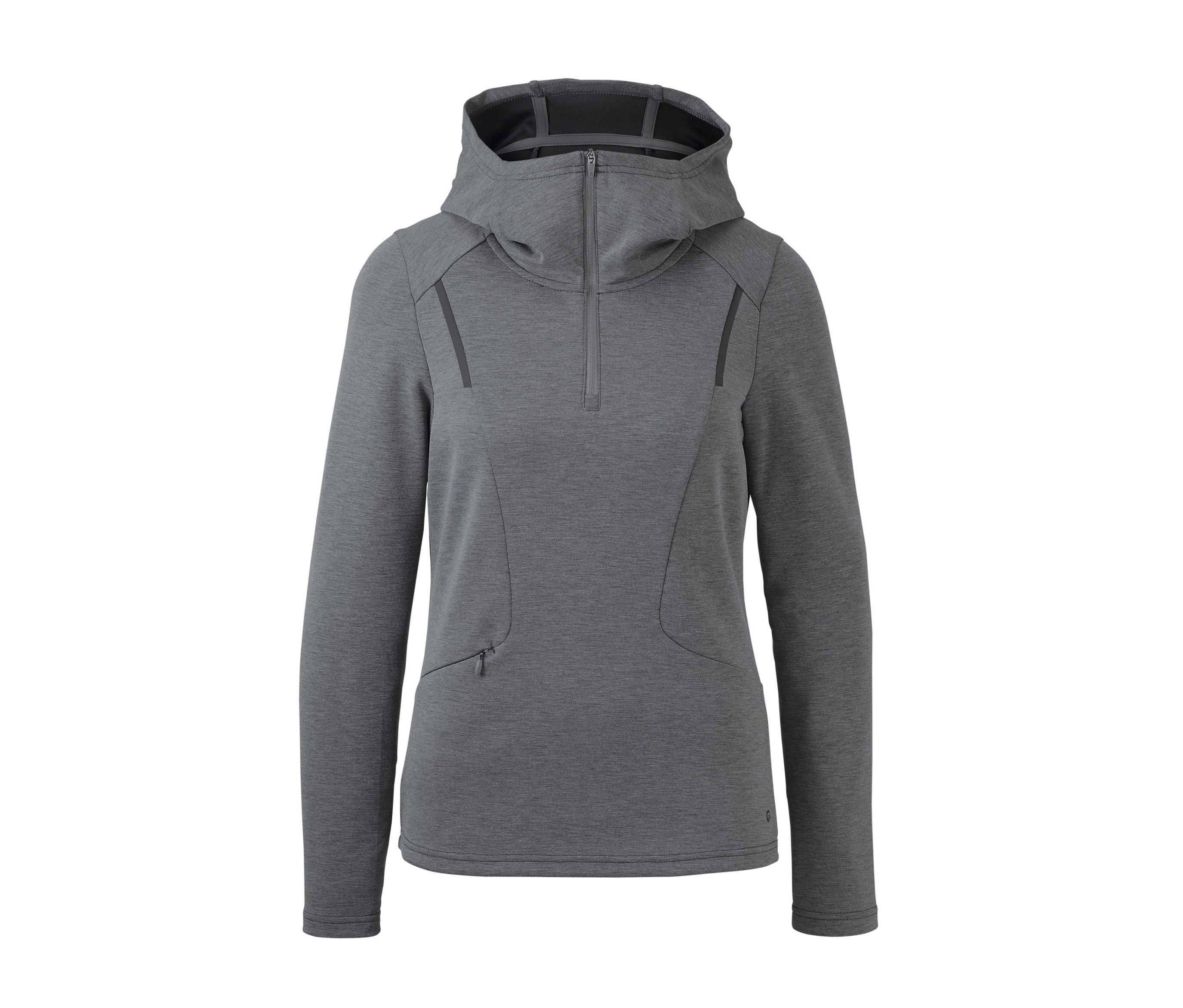 Grauer Funktionssweater mit Kapuze und halbem Reißverschluss.