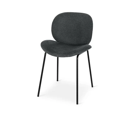 Dunkelgrauer, gepolsterter Designstuhl mit schwarzen Beinen.