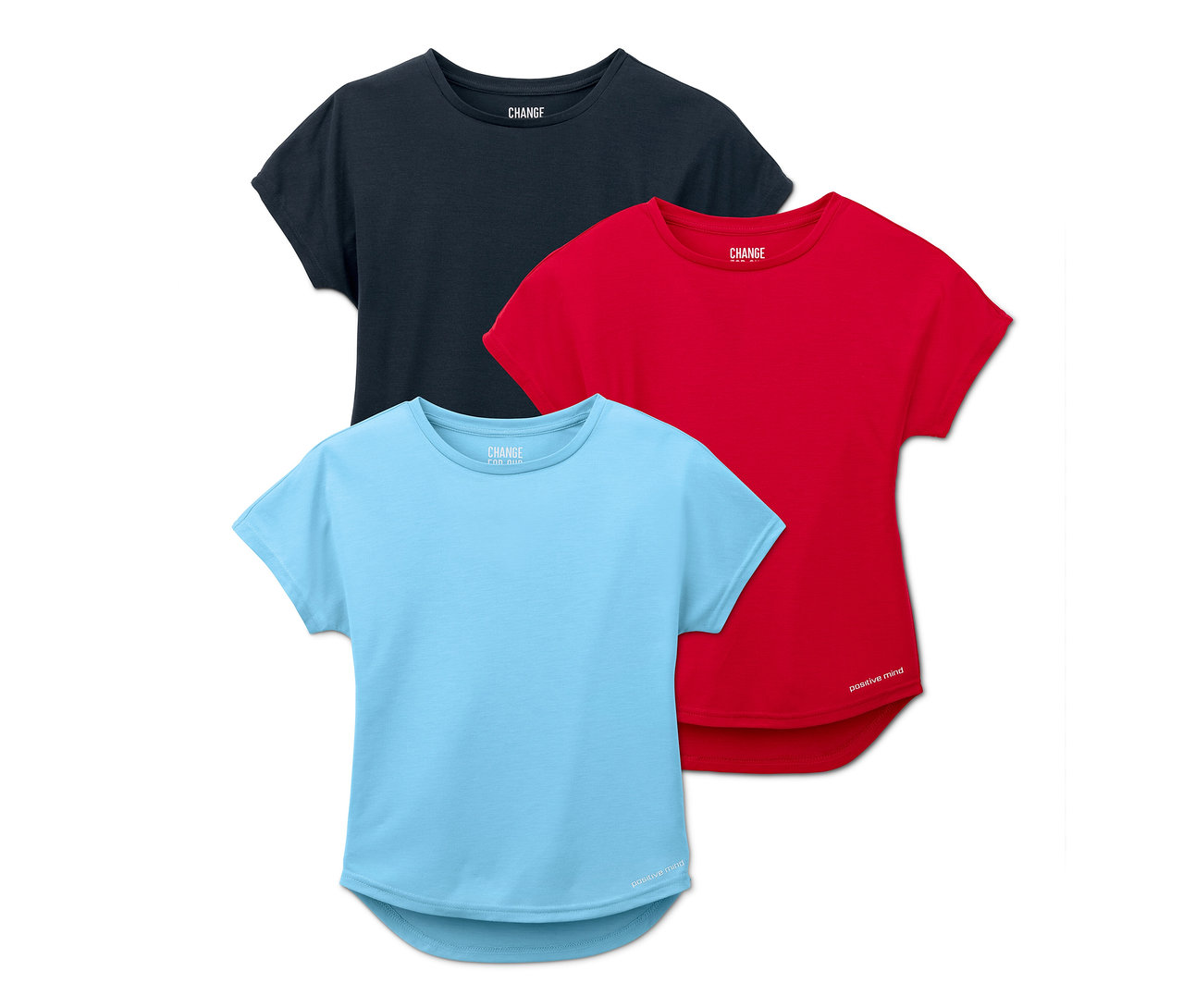 Drei Mädchen-Funktionsshirts mit kurzen Ärmeln in Hellblau, Rot und Dunkelblau.