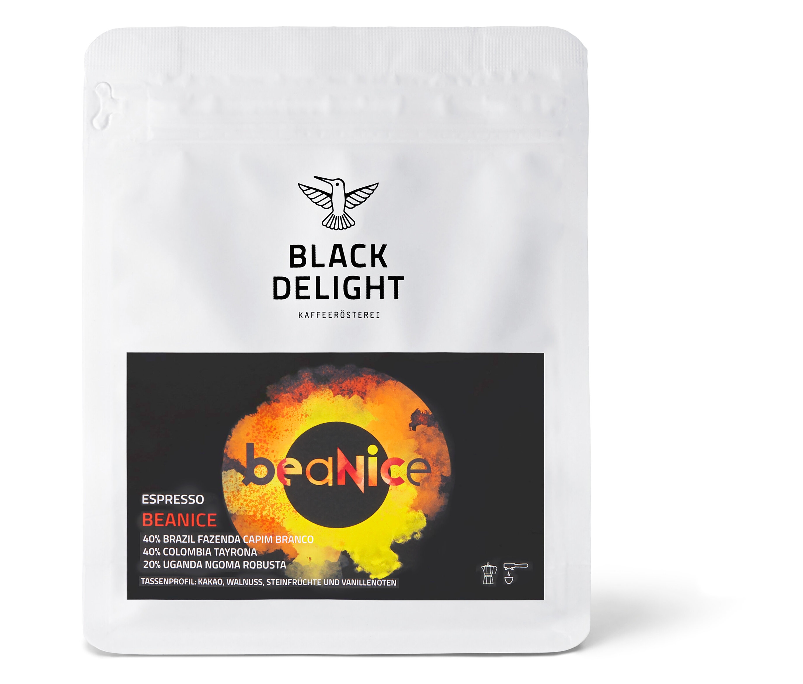 Eine Packung Black Delight - BEANICE Espresso - 250 g ganze Bohne.