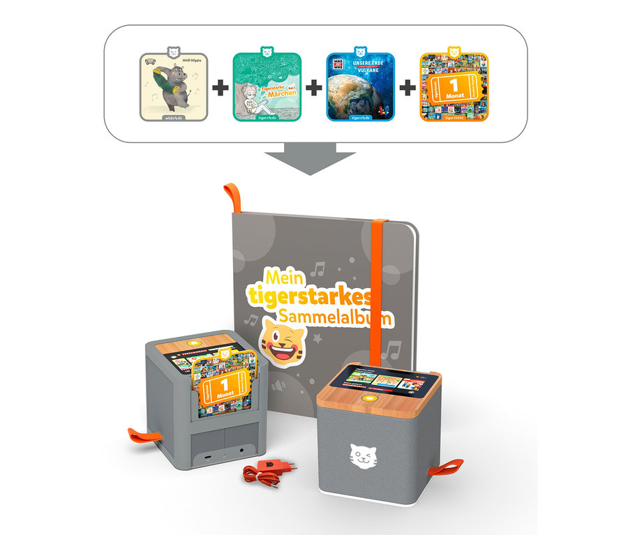 Graue tigerbox TOUCH und Sammelalbum mit Karten. Das Set enthält Holli Hippo, Tigerstarke Märchen, Unsere Erde Vulkane und eine Monatskarte.