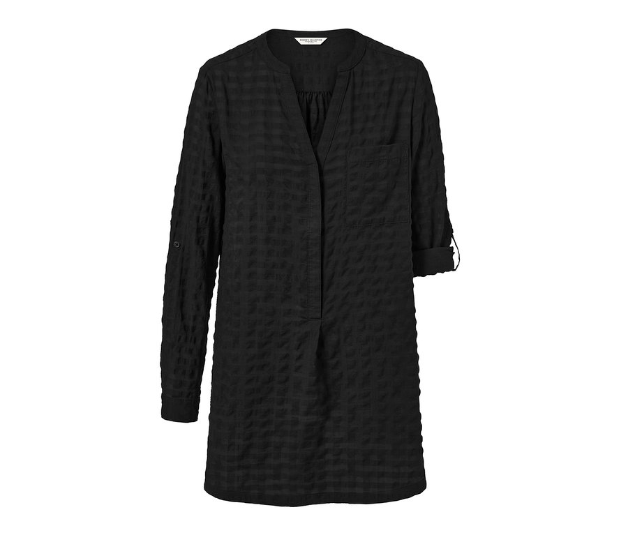 Schwarze Longtunika mit Webstruktur.