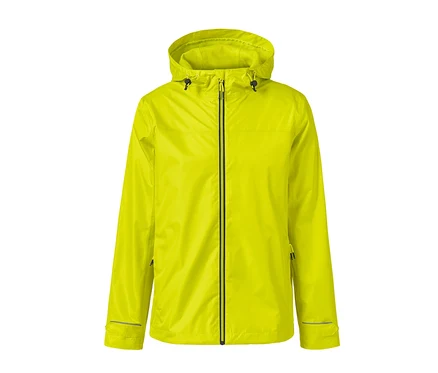 Gelbe Regenjacke mit Reißverschluss in der Mitte.