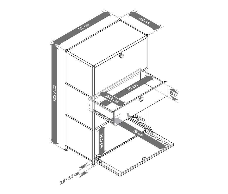 Eine Illustration einer Kommode Metall »CN3« mit geöffneten Fächern und Schublade und den dazugehörigen Maßen.