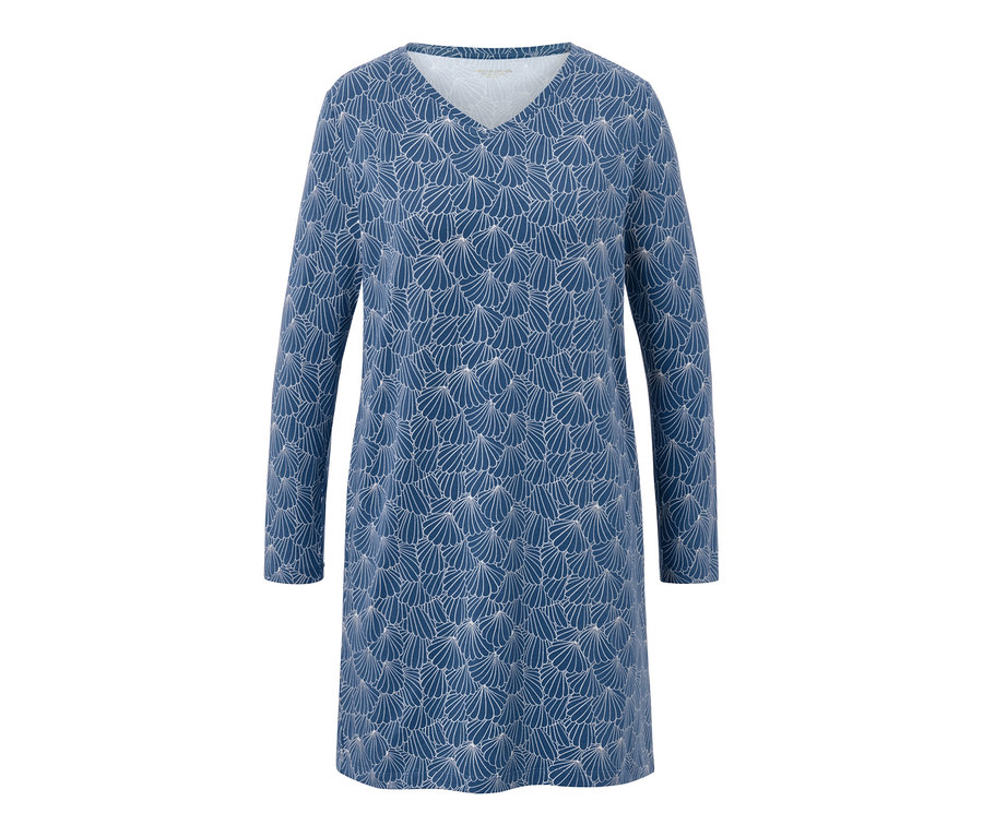 Blaues Nachthemd mit langen Ärmeln und weißem Muschelmuster.