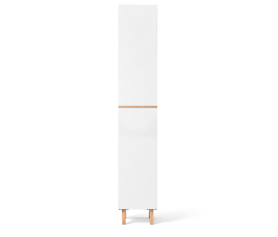 Weißer Bad-Hochschrank mit offenem Fach und 2 Türen.