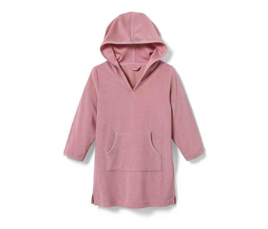 Rosa Kinder-Frottierponcho mit Kapuze und Tasche auf weißem Hintergrund.