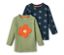 Zwei Kleinkinder-T-Shirts mit langen Ärmeln: olivgrün mit orangefarbener Blume und dunkelblau mit Blumenmuster.