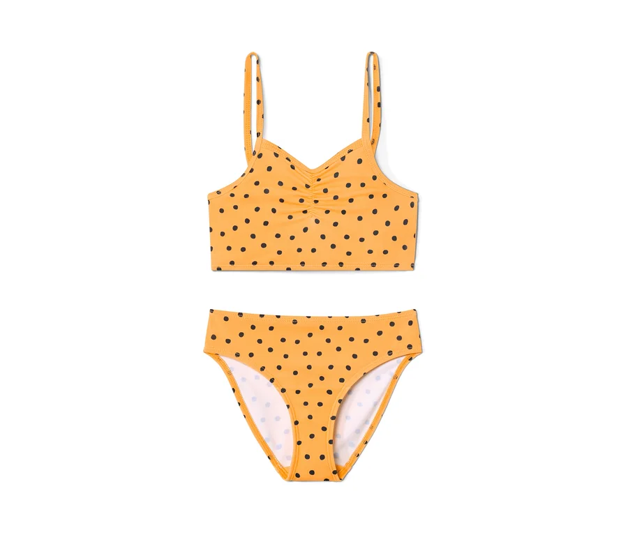 Gelbes Kleinkind-Bikini-Set mit schwarzen Punkten.
