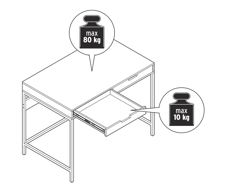 Eine Zeichnung von einem Schreibtisch mit Schubladen, wobei eine Schublade geöffnet ist.