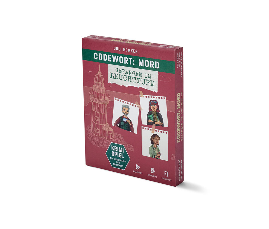 Box des Krimispiels »Codewort: Mord – gefangen im Leuchtturm« mit Illustrationen.