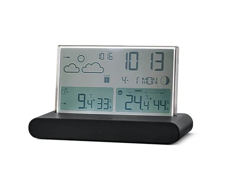 Eine Funk-Wetterstation mit Außensensor zeigt Temperatur und Luftfeuchtigkeit an.
