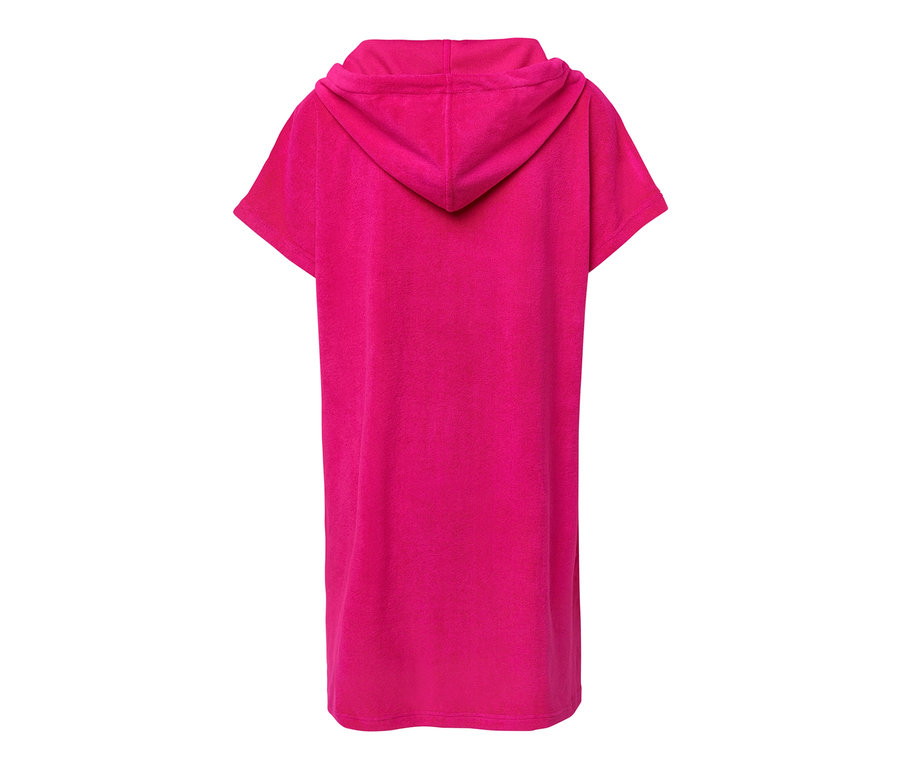 Rückansicht eines pinkfarbenen Frottee-Strandkleids mit Kapuze.