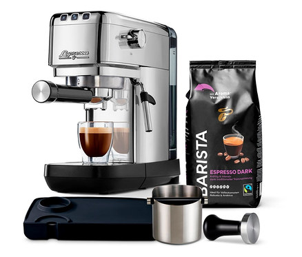 Lapressa FT Starter-Set aus Edelstahl mit Zubehör und einer Packung Barista Espresso Dark Kaffee.
